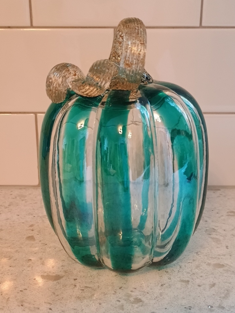 Teal Glass Pumpkin with Clear Ribbing